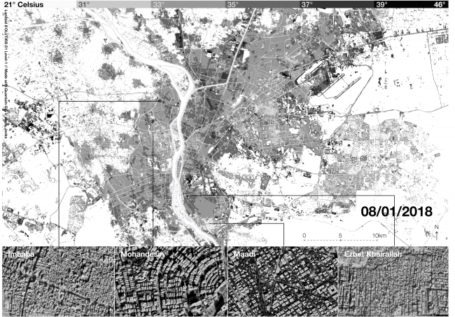 Afb. 3. Oppervlaktetermperatuur op land van de bebouwde gebieden van Caïro. De meest dichtbebouwde gebieden bereiken de hoogste temperaturen (zomer 2018) (Pierre Le Fur, Dalila Ghodbane)