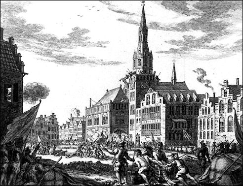 Aanslag van de Wederdopers op het Stadhuis van Amsterdam op 10 mei 1535 (illustratie Simon Fokke)
