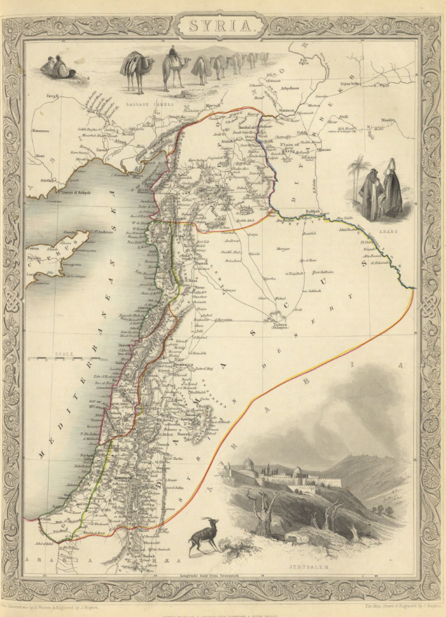 Kaart uit 1851 van Syrië en Libanon door de illustrator Henry Warren (1794-1879)