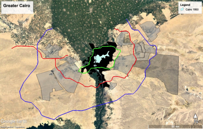 Cairo. The grey areas are new planned settlements in the desert. The black area accommodates 91 percent of Cairo’s 20 million residents, 65 percent of whom live in dense informal settlements. Image: Sonja Spruit