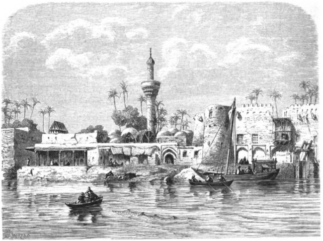 Prent uit 1861 van de Eufraat bij Hilla, een stad in Midden-Irak. Vereeuwigd door Jean-Baptiste Eugène Napoléon Flandin, Franse archeoloog, schilder en oriëntalist (1809-1889)