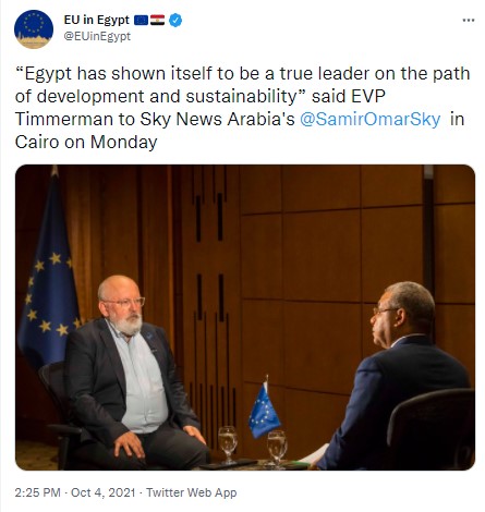 Timmermans tijdens zijn interview met Sky News Arabia. Bron: https://twitter.com/EUinEgypt/status/1445002179601915913